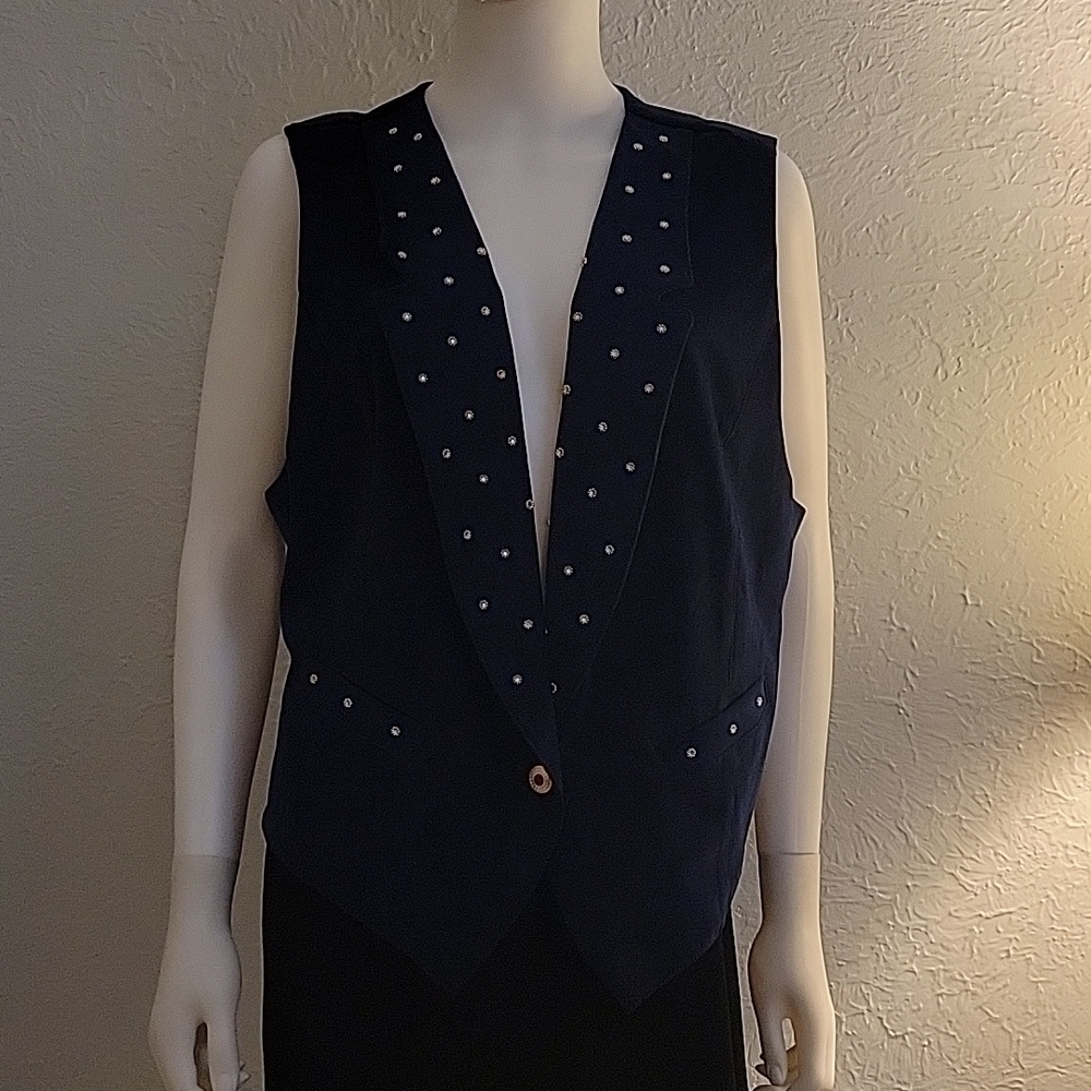 VTG REGAL Navy Blue Gold Studded Collared One Button Waistcoat Vest - Picture 8 of 11